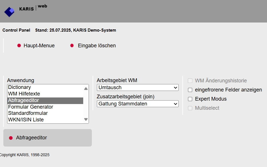 Control Panel, Auswahl der verfügbaren Aktionen mit dynamischen Listboxen